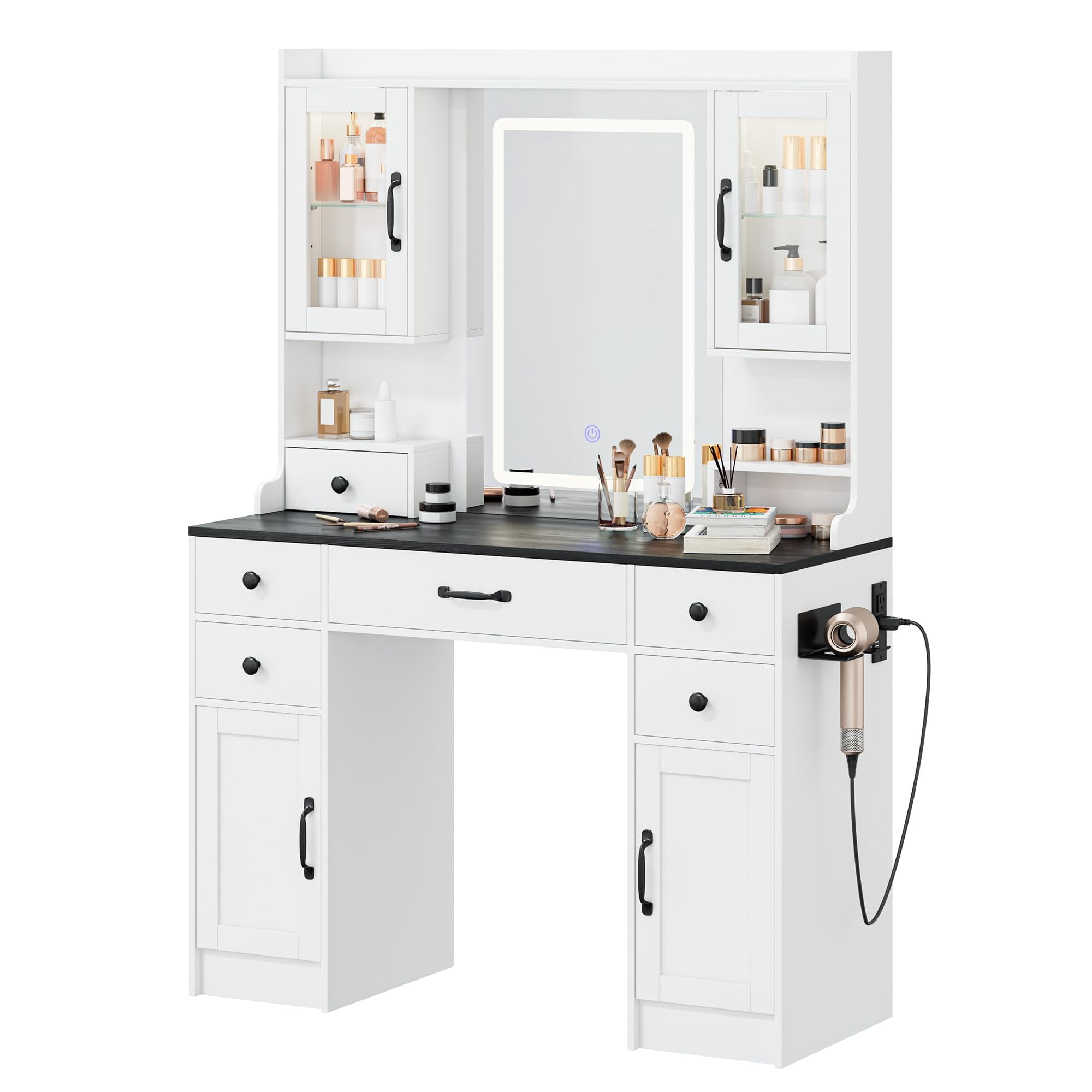 Mvvte White Makeup Vanity Desk with Mirror and Lights, Large Vanity Table Set with Power Outlet, Drawers & Shelves, Dressing Table with Jewelry Storage for Bedroom, Black Handles