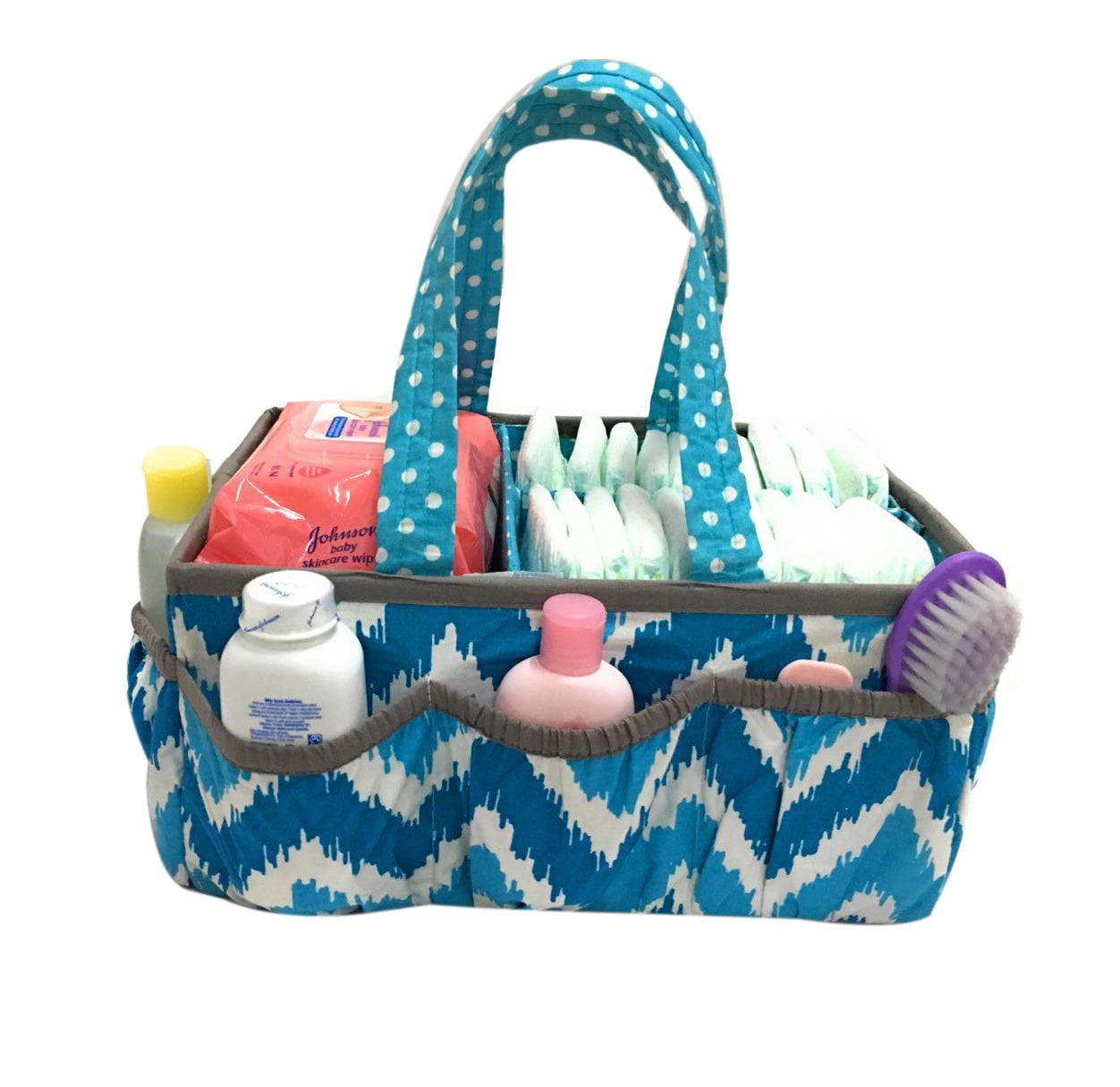 Bacati - Mix N Match Ikat Chevron/Dots Nursery Storage Caddy, Aqua/Turquoise/Gray
