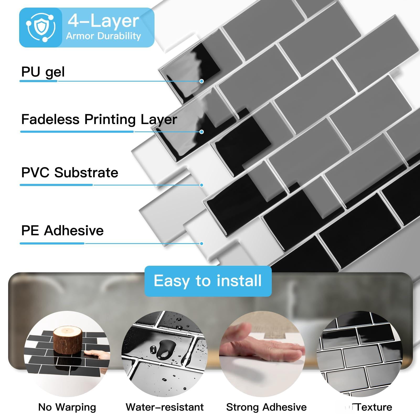 Peel And Stick Black With Grout Wall Tiles - 10-pack Of 12 X12 Thickened Design Backsplash  Self-adhesive Tile For Kitchen & Bathroom Decor