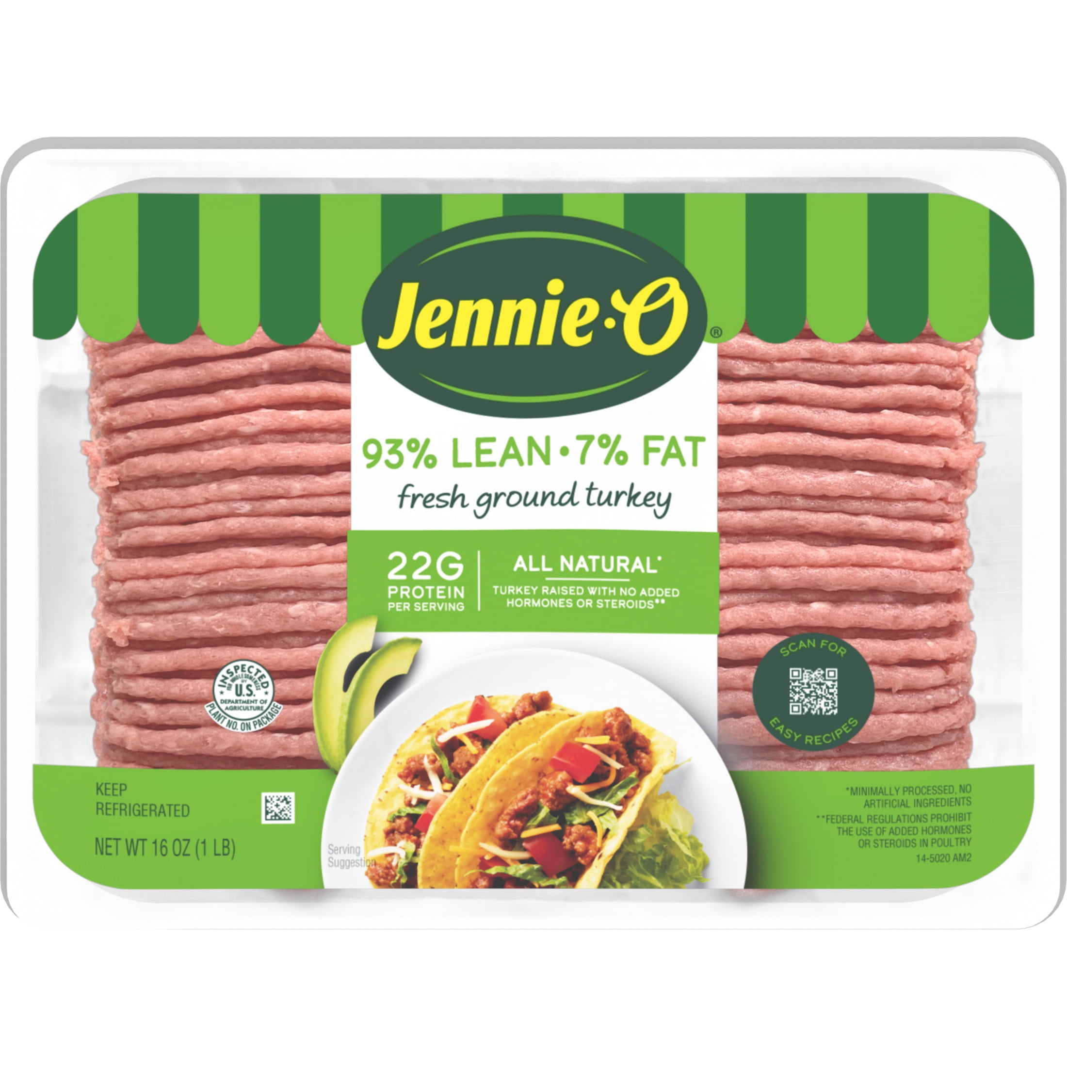 JENNIE-O Fresh Lean Ground Turkey, Fresh Meat, 93% Lean/7% Fat, *All Natural, 16 oz Plastic Tray