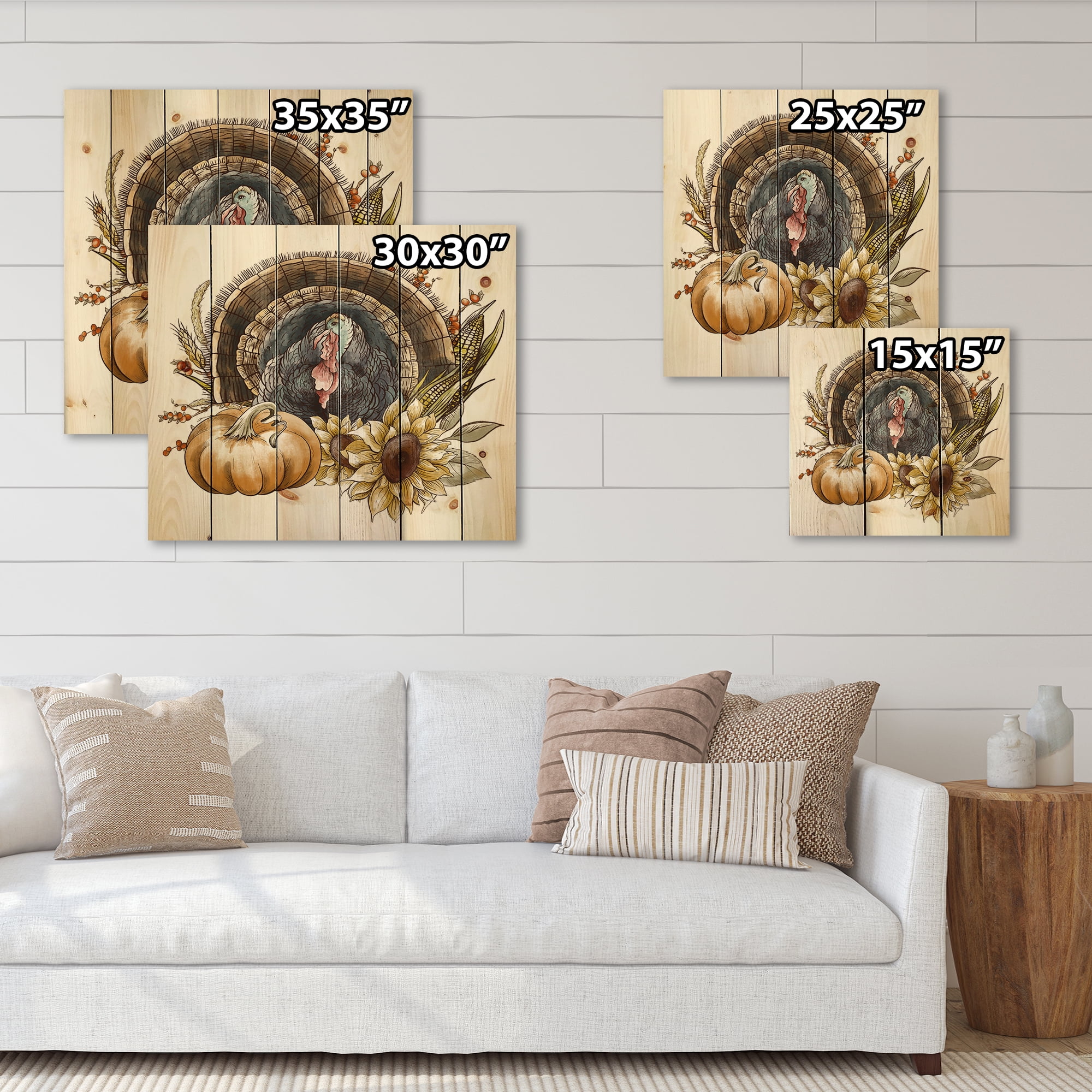 Designart 'Thanksgiving Vintage Turkey Pumpkin and Sunflowers ' Farmhouse Print on Natural Pine Wood