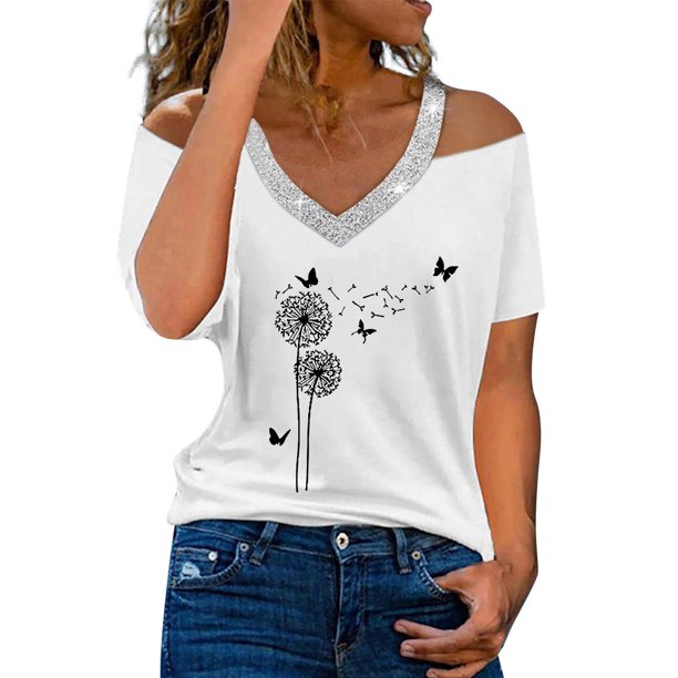 Camisetas Casuales para Mujeres Correa de Hombro de Verano Camiseta con Cuello en V, Manga Corta Top Ligero para el Hogar Y la Fiesta