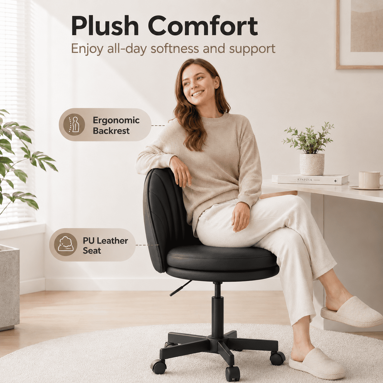 LUCKLIFE Office Desk Chair with Shell Back, PU Leather Mid-Back Task Chair, Armless Computer Chair for Home Office, Black