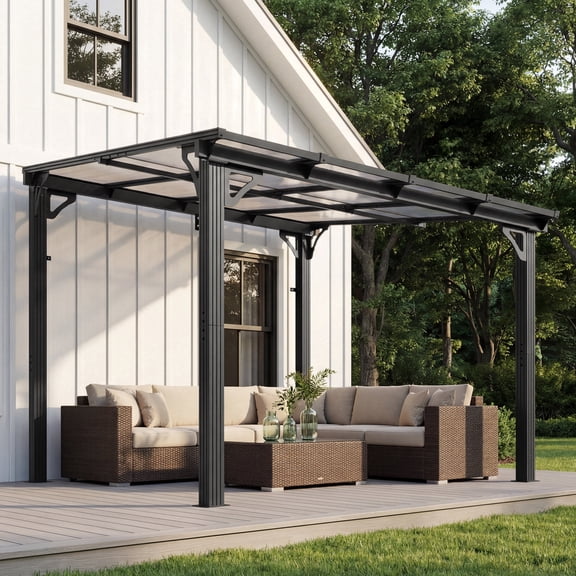MUCHANT 10x8 ft Wall Mounted Gazebo, Hardtop Lean to Pergola with Polycarbonate Roof, Outdoor Patio Cover for Shade and Rain for Patios, Decks, Backyard