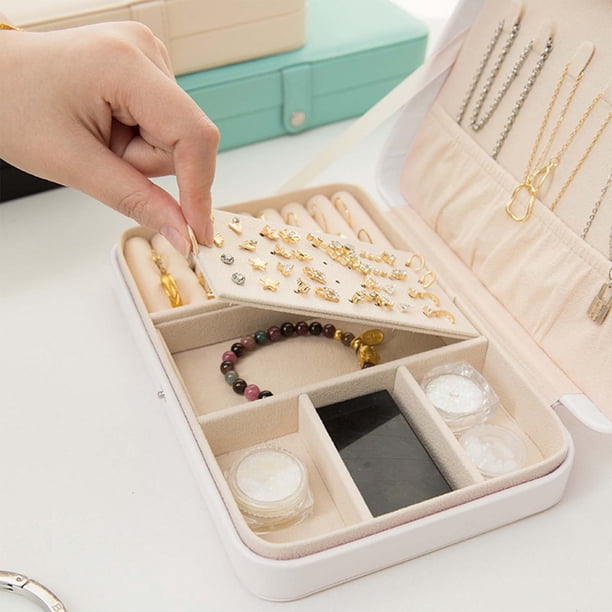 Joyero portátil de viaje en capas, pequeño joyero para mujeres y niñas, mini organizador de joyas de cuero para collares, pulseras, pendientes y anillos.