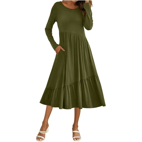 Blczomt Long Sleeve Womens Y2K Dress Flowy Green Midi A Line Tiered Solid Color V Neck Pleated Dresses