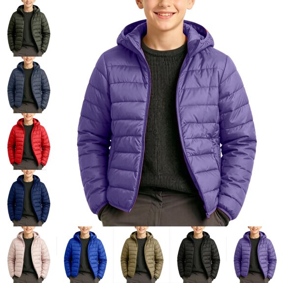 ITSAME Teen Boys Hooded Puffer Jacket Solid Color Lightweight Keep Warm Quilted Winter Coat Gray Size 15