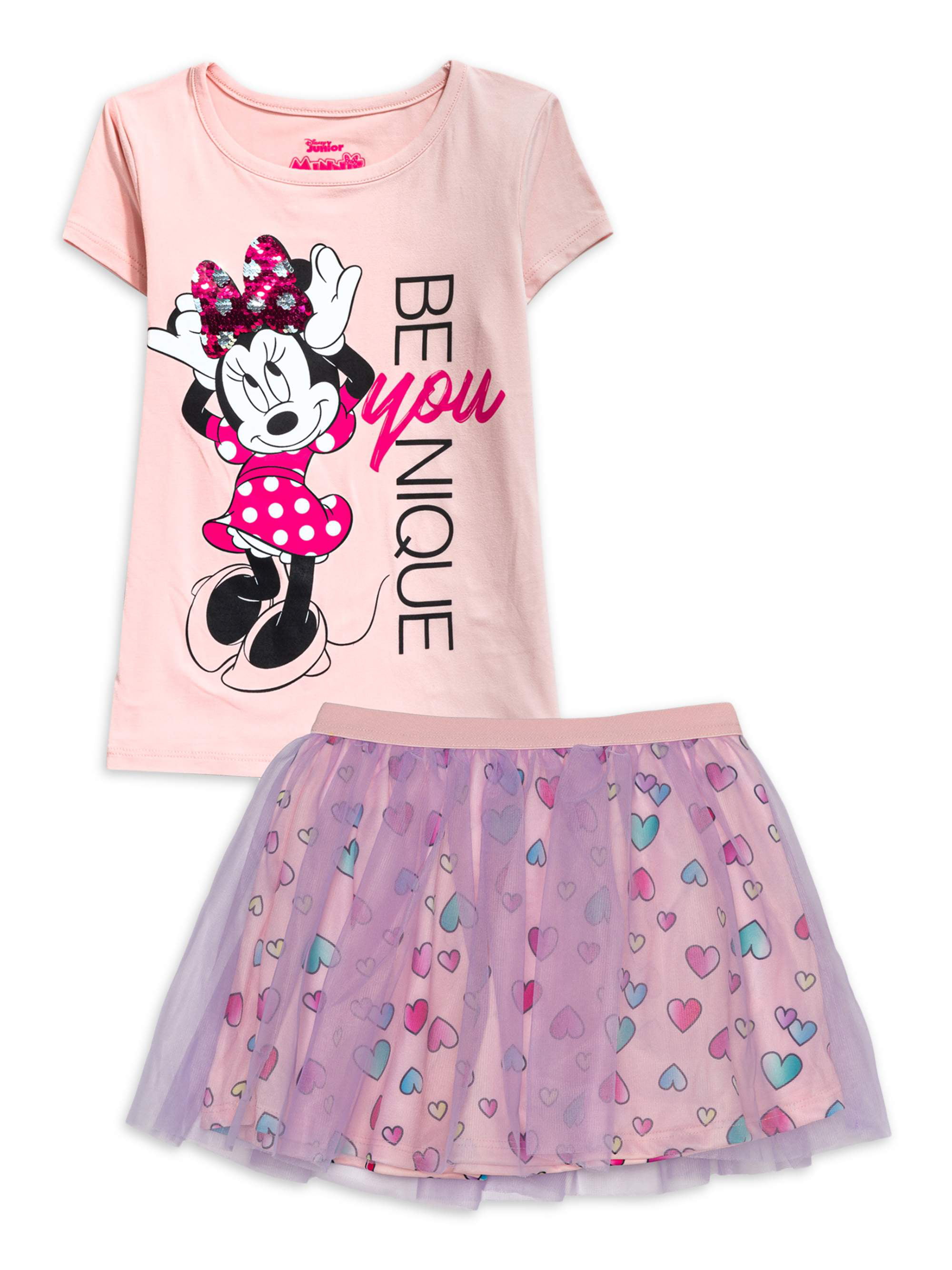 Minnie Mouse Girls Tie Front Tee Top and Glitter Printed Tutu Tulle Skirt 2-Piece Outfit Set Sizes 4-16