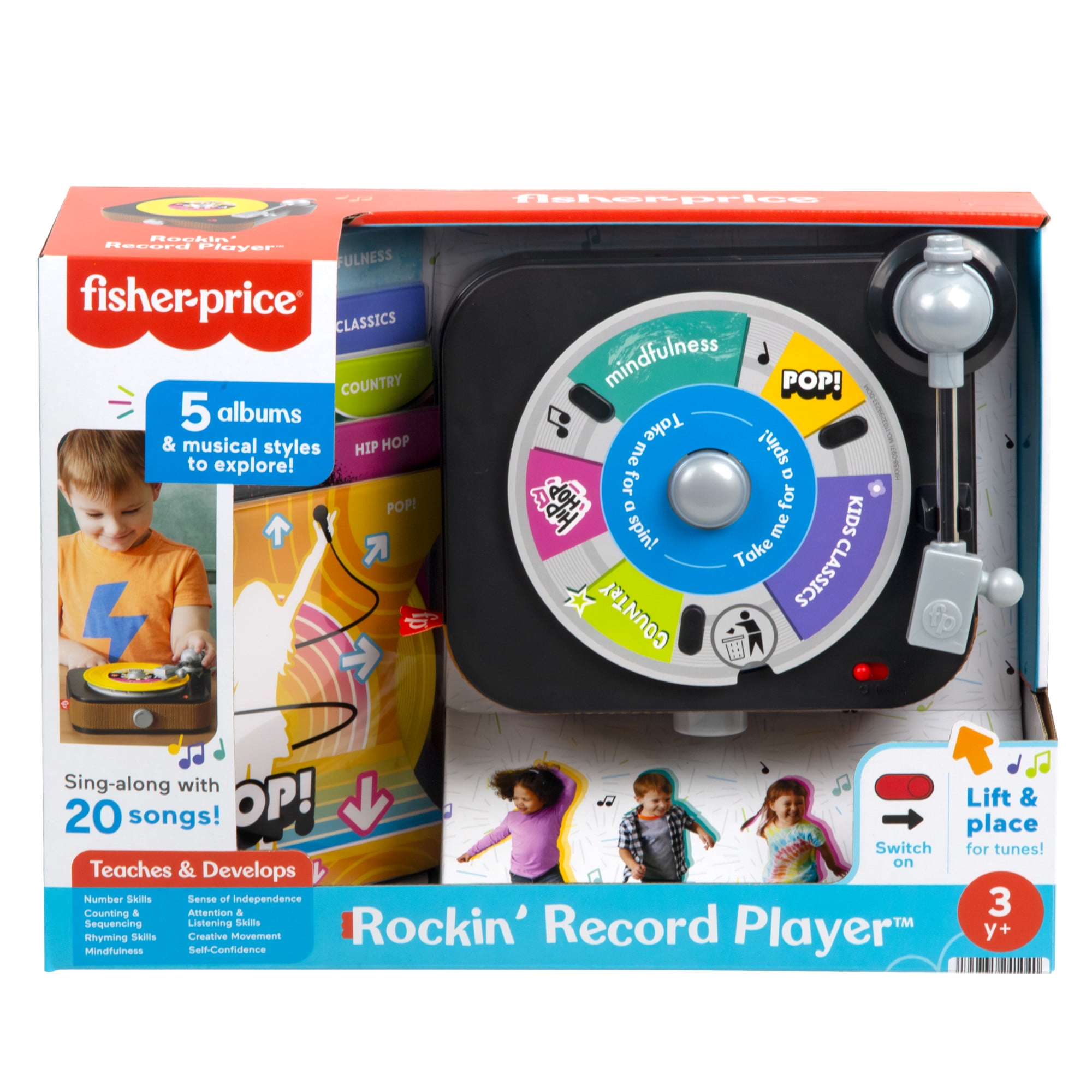 Fisher Price Rockin Record Player Musical Toy with Turntable 5 Records for Toddler Pretend Play