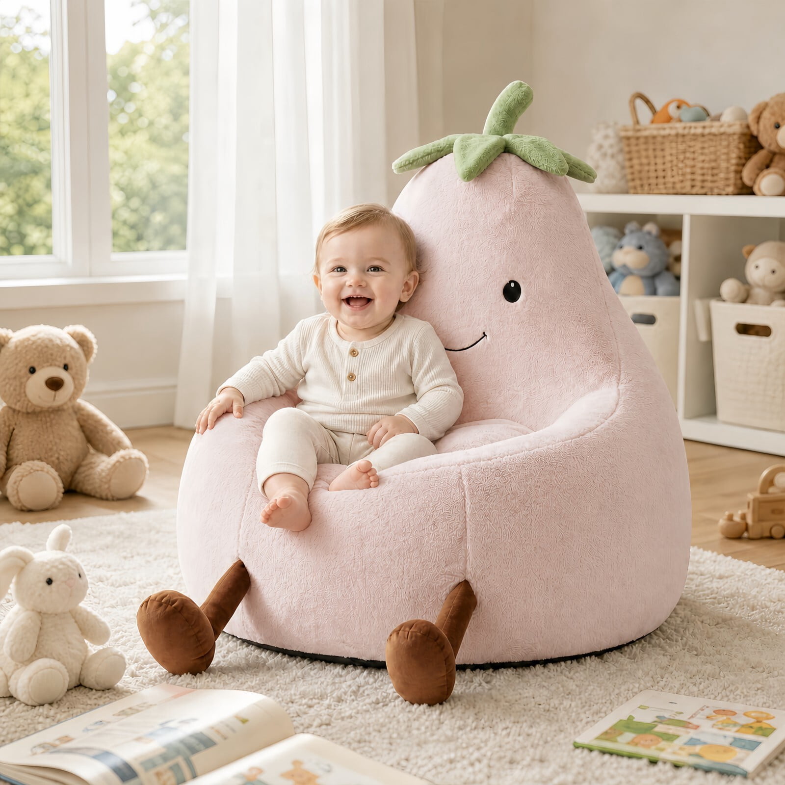 Kelno 24" Kids Bean Bag Chair Faux Rabbit Fur Lazy Chair Toddler Couch, Pink