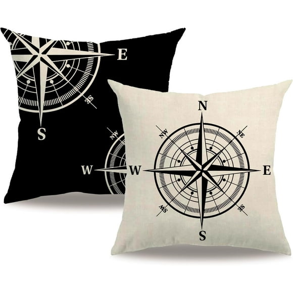 yubcxhop Housses de Coussin Nautique Ancre/compass Thème Océan Décoration Maison Plage Taies d'Oreiller 18”X18” pour Canapé Patio (Noir)