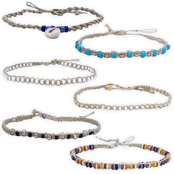 6 Hemp Necklaces for Men and Women Braided with Natural Hemp Cord, White Puka Chips and Wood Beads - Unisex Beaded Hemp Necklace