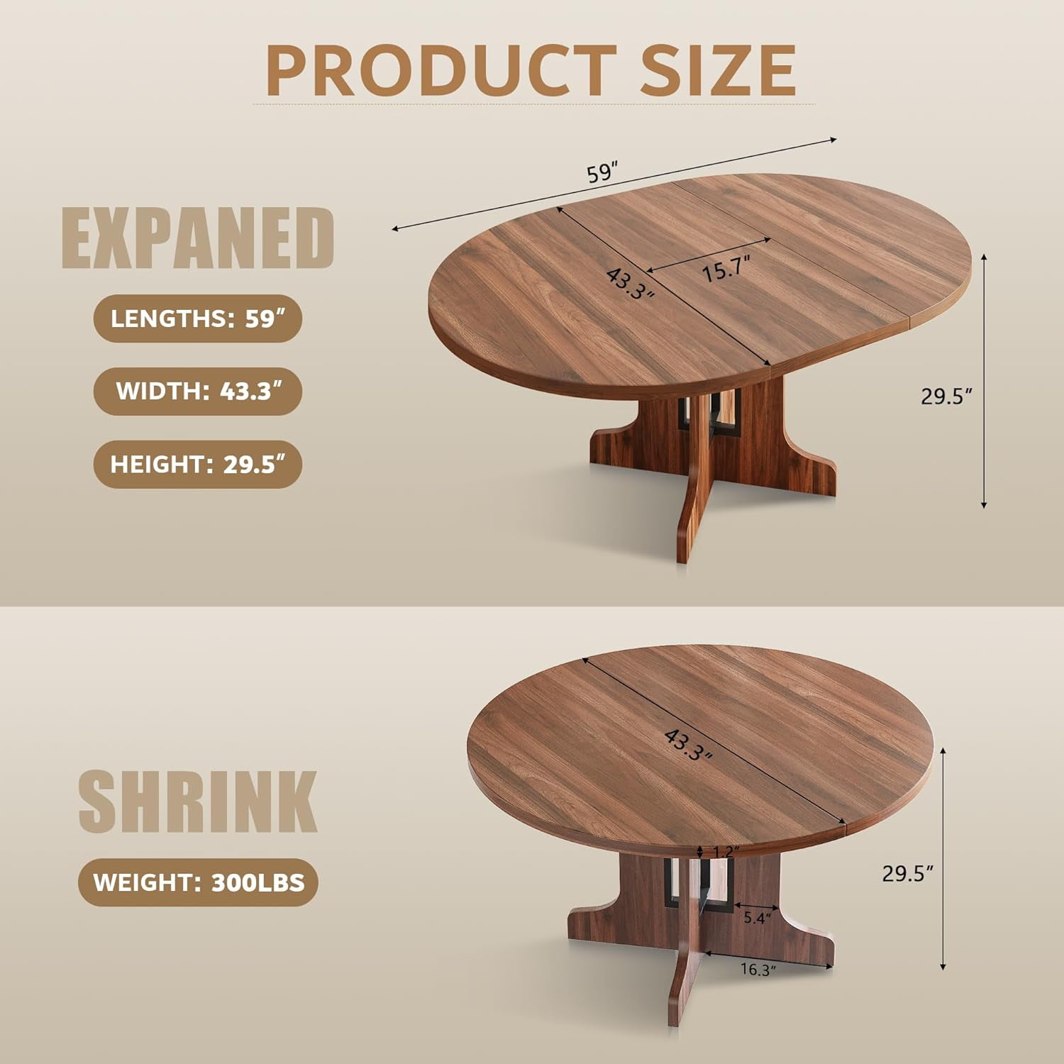 iPormis 59" Round Extendable Dining Room Table for 6, Modern Oval Kitchen Table with Heavy Duty Wood Base, Dinette for Kitchen Living Room,Walnut