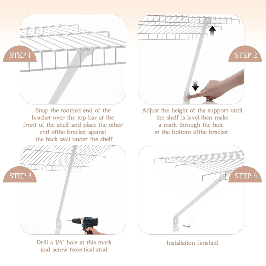 T-HOTLYST 6Pieces 17Inch Stainless Steel Wire Rack Brackets Accessory for Closet Shelving Installation Includes Anchors and Pin