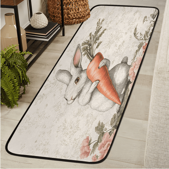 CURLYOOT Cute Animal Rabbit and Flower Runner Rug 2'x6' Washable Kitchen Runner Rug Indoor Non Slip Laundry Rugs Floor Carpet for Hallway Kitchen Entryway Bedroom Living Room