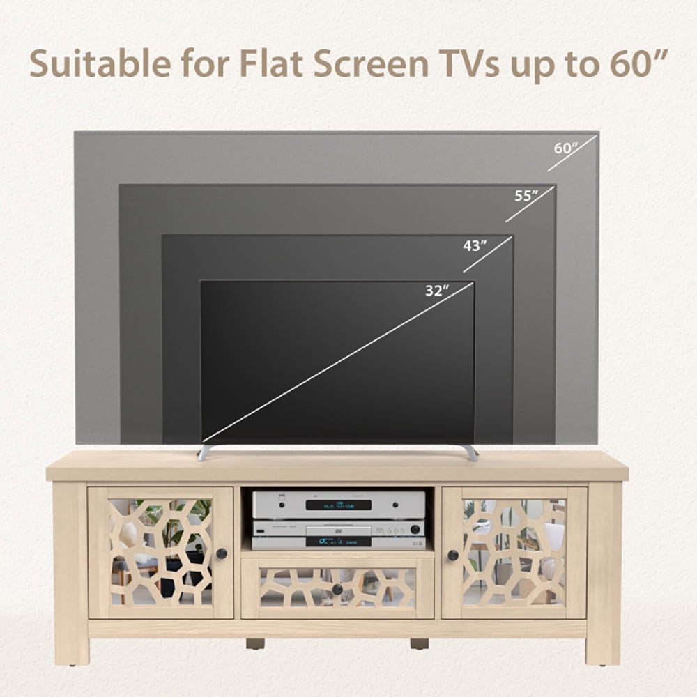 Finihen TV Stand, 55 Inch Retro TV Stand Media Entertainment Center with Mirror Doors and Drawer, for Living Room, Natural