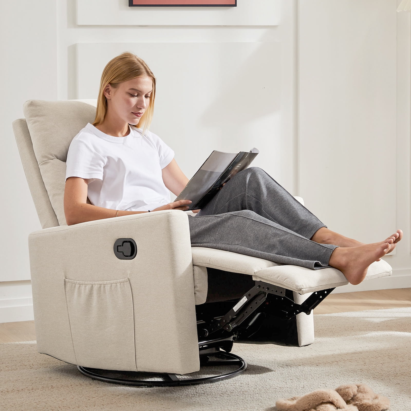 Recliner Chair, Swivel Rocking Glider, Nursery Recliner with Extra Large Footrest, High Back Upholstered Deep Seat for Living Room, Beige