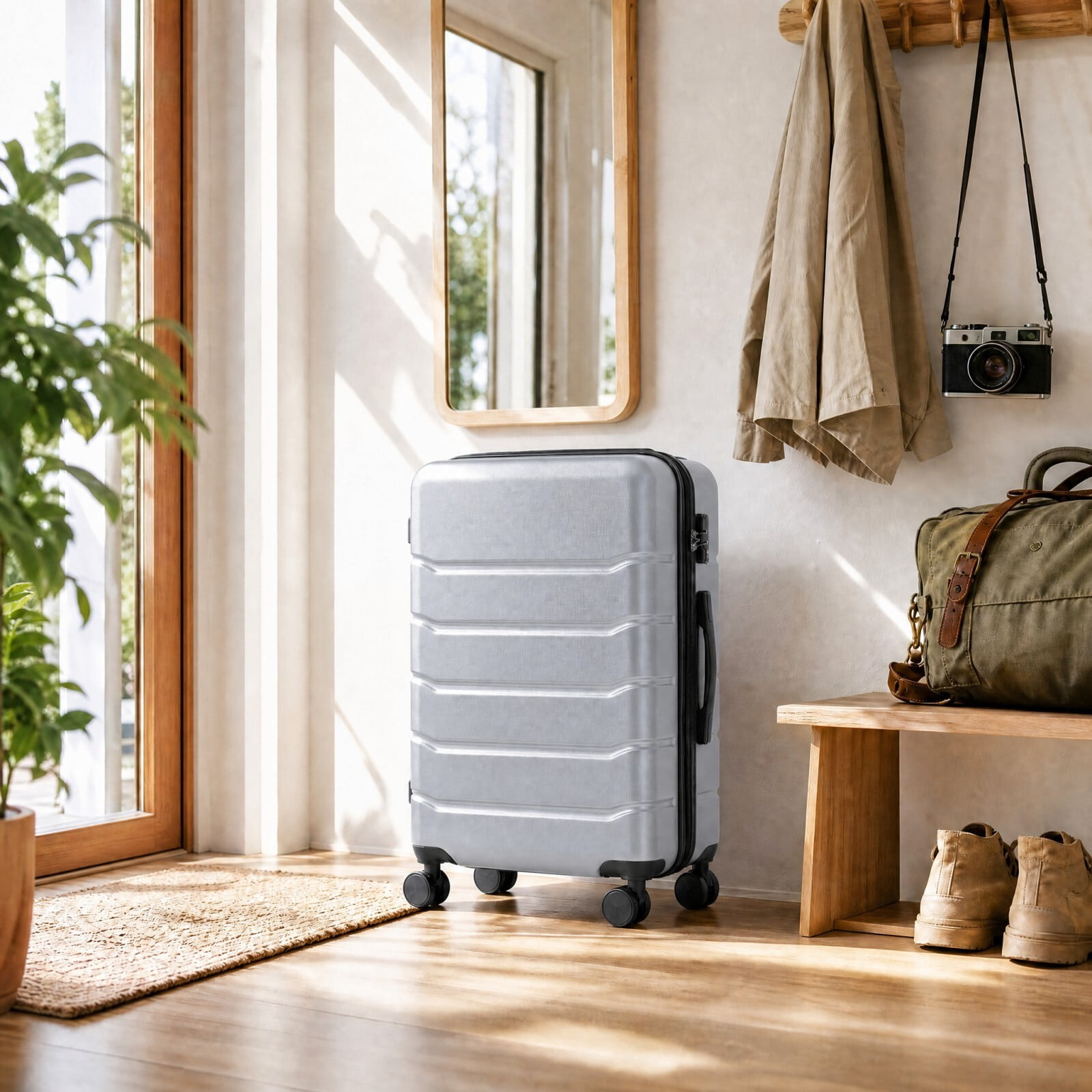 Kelno Medium Checked Luggage with Spinner Wheels ABS Hard Shell Suitcase Expandable Rolling Luggage with TSA Lock, Light Gray