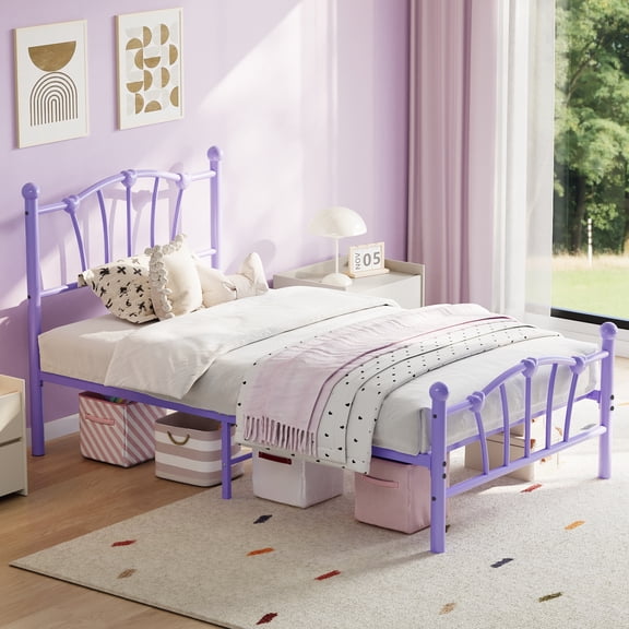 Twin Metal Bed Frame with Heart Shaped Headboard and Footboard for Girls Boys Heavy Duty Platform Bed Under Bed Storage No Box Spring Needed Purple
