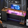 thumbnail image 2 of Satifur Gaming Desk with LED Lights & Power Outlets, 55" Computer Desk with 5 Fabric Drawers & Open Storage, Reversible Home Office Desk,retro Brown, 2 of 9