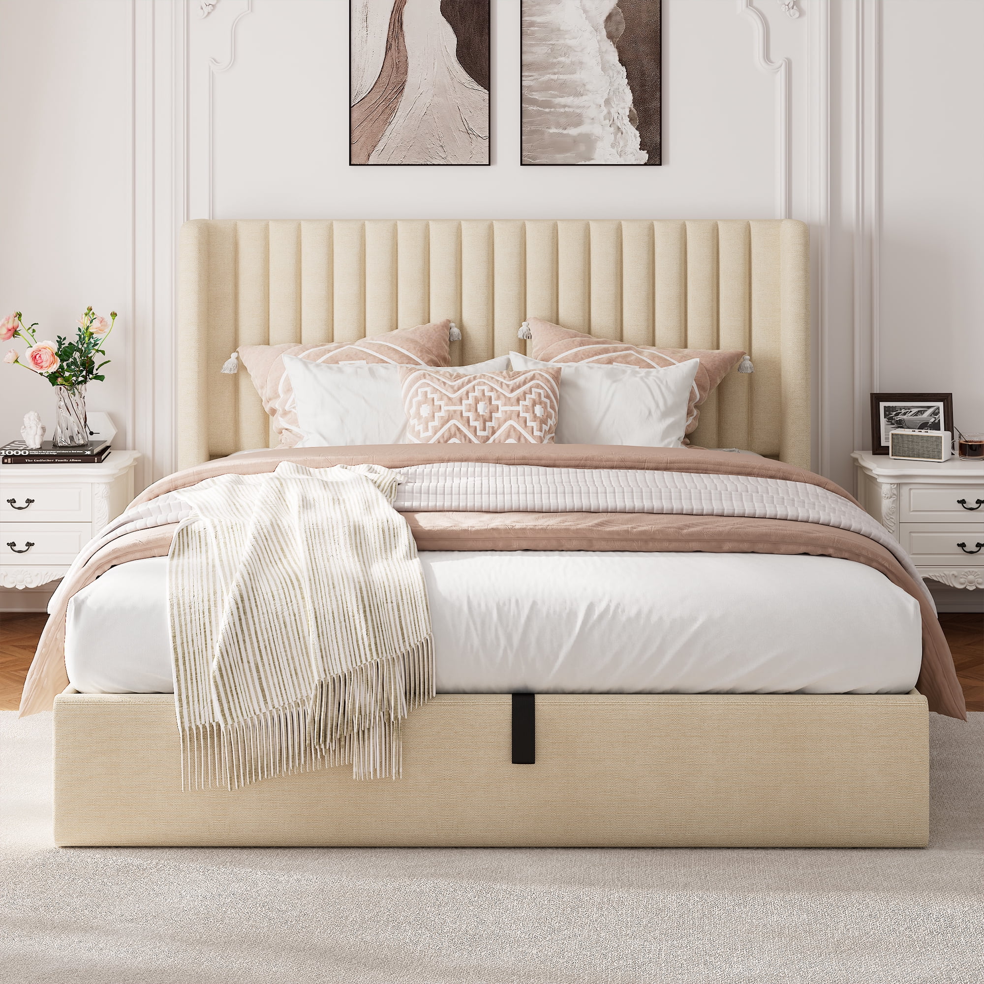 Einhomn Full Size Lift Up Storage Bed With Wingback Headboard, Upholstered Platform Bed Frame with Hydraulic Storage, Linen Fabric, No Box Spring Needed,Beige