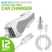 Cellet High Powered 10 Watt (2.1 Amp) Micro USB Car Charger with USB Port - White