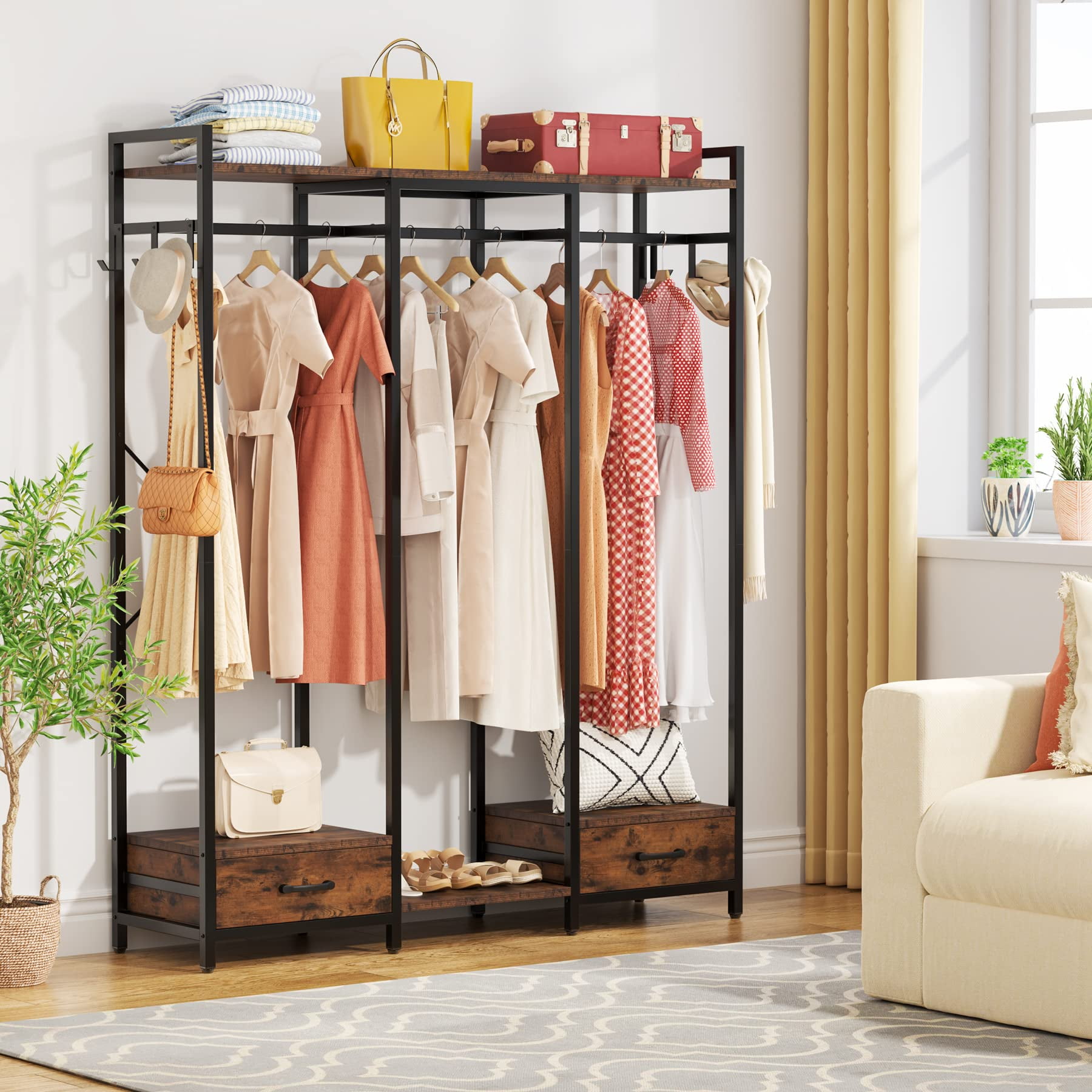 Gamment Rack with Drawers for Bedroom, Freestanding Clothing Rack with Storage Shelves and 6