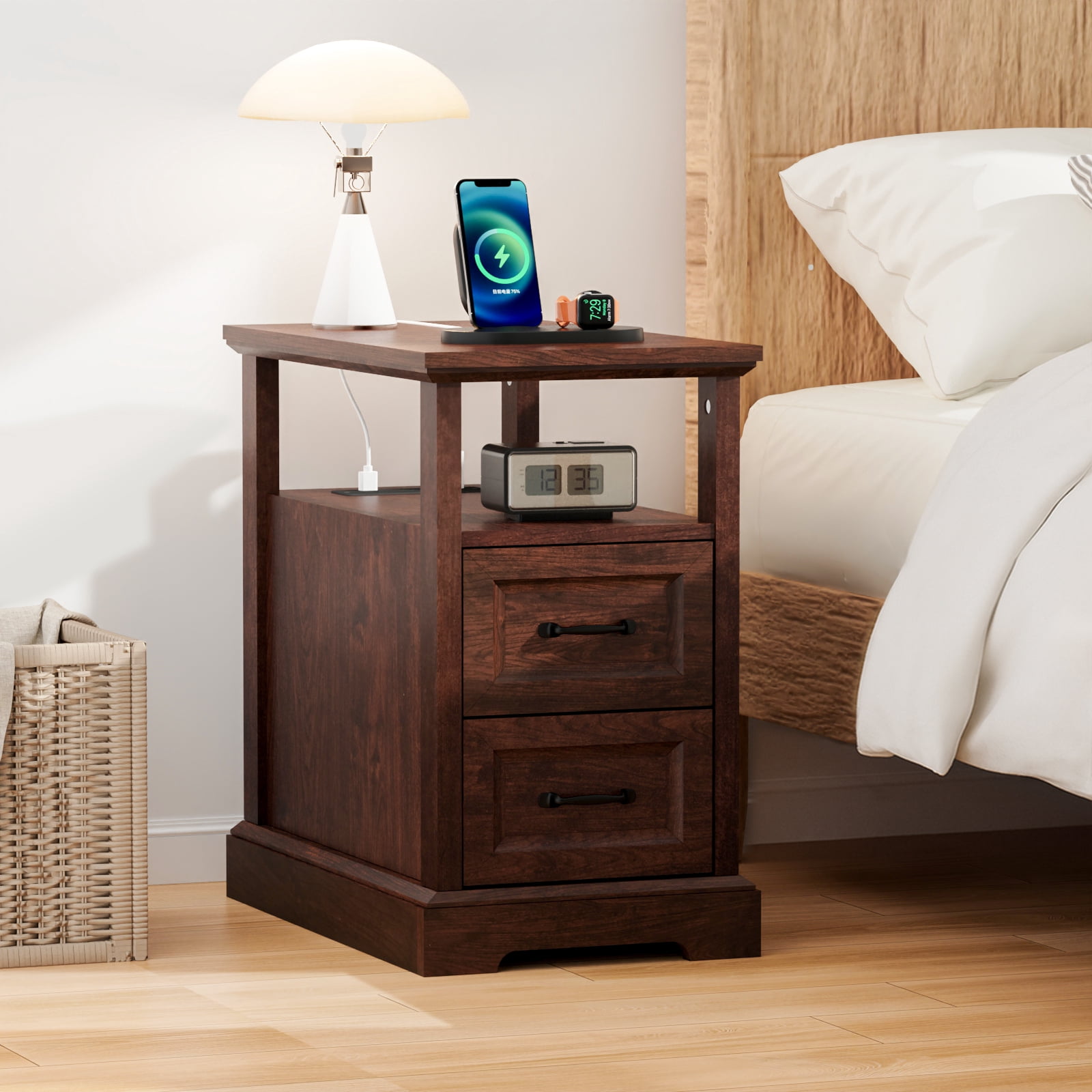 Hommpa 2 Drawers End Tables With Charging Station For Living Room, Farmhouse Narrow Sofa Side Table For Small Spaces, Nightstand Bedside Table with Storage For Bedroom, Brown