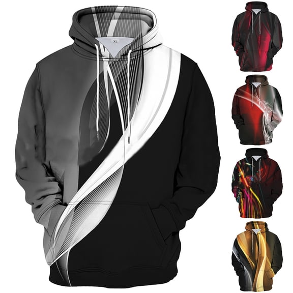 Men's Oversized Colorful Stripe Print Hooded Sweatshirt, Long Sleeve Loose Fit Fleece Pullover for Casual Wear, Graphic Hoodie,Black,L