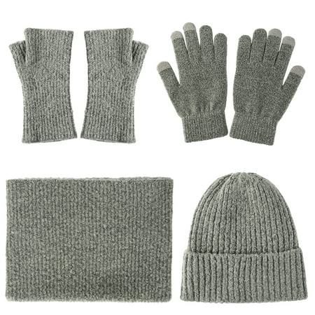 Vbiger Winter Knitted Hat, Scarf and Gloves Set 4 Pieces Warm Winter Knitted Set Thick Knit Hat, Infinity Scarf and Warm Gloves for Men and Women, Grey