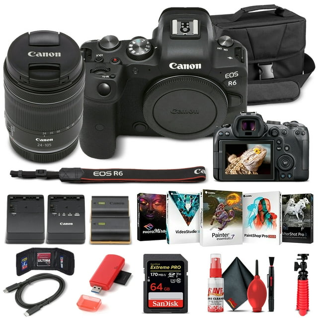 Cámara digital sin espejo Canon EOS R6 reacondicionada con lente de 24-105 mm f/4-7.1 (4082C022) + tarjeta de memoria de 64 GB + estuche + paquete de software Corel Photo