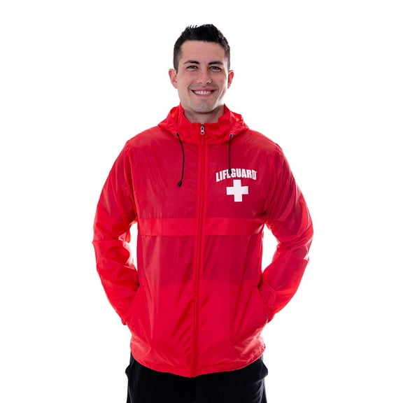 LIFEGUARD Officially Licensed Mens and Womens Unisex Fit Zipper-up Windbreaker Water Resistant Rain Jacket with Hood (S) Red