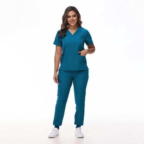LYMAYTER Women V-Neck Nurse Uniform Multi-pocket design overalls quick-dry comfort Set for S-2XL