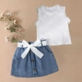 thumbnail image 3 of Owordtank Toddler Baby Girl Denim Skirt Set 2 Piece Outfit Ruffle Sleeveless Tank Top and Skirts with Belt Summer Clothes Sets, 3 of 8