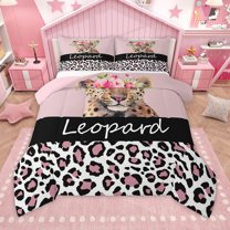 Homewish Cute Cheetah Queen Comforter Set,Jungle Wildlife Bedding Sets,Leopard Print Pink Flower Bedding Comforter Set For Boy Kids,Super Cozy Room Decor Reversible,3 Pieces