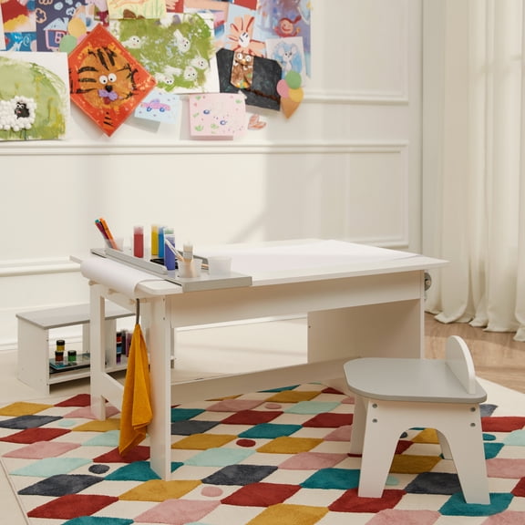 Teamson Kids Little Artist Monet Kids' Play Art Table with Chair and Storage Bench Seat, White/Gray