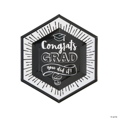 Black and White Congrats Grad Paper Dinner Plates  Graduation  Party Supplies  8 Pcs
