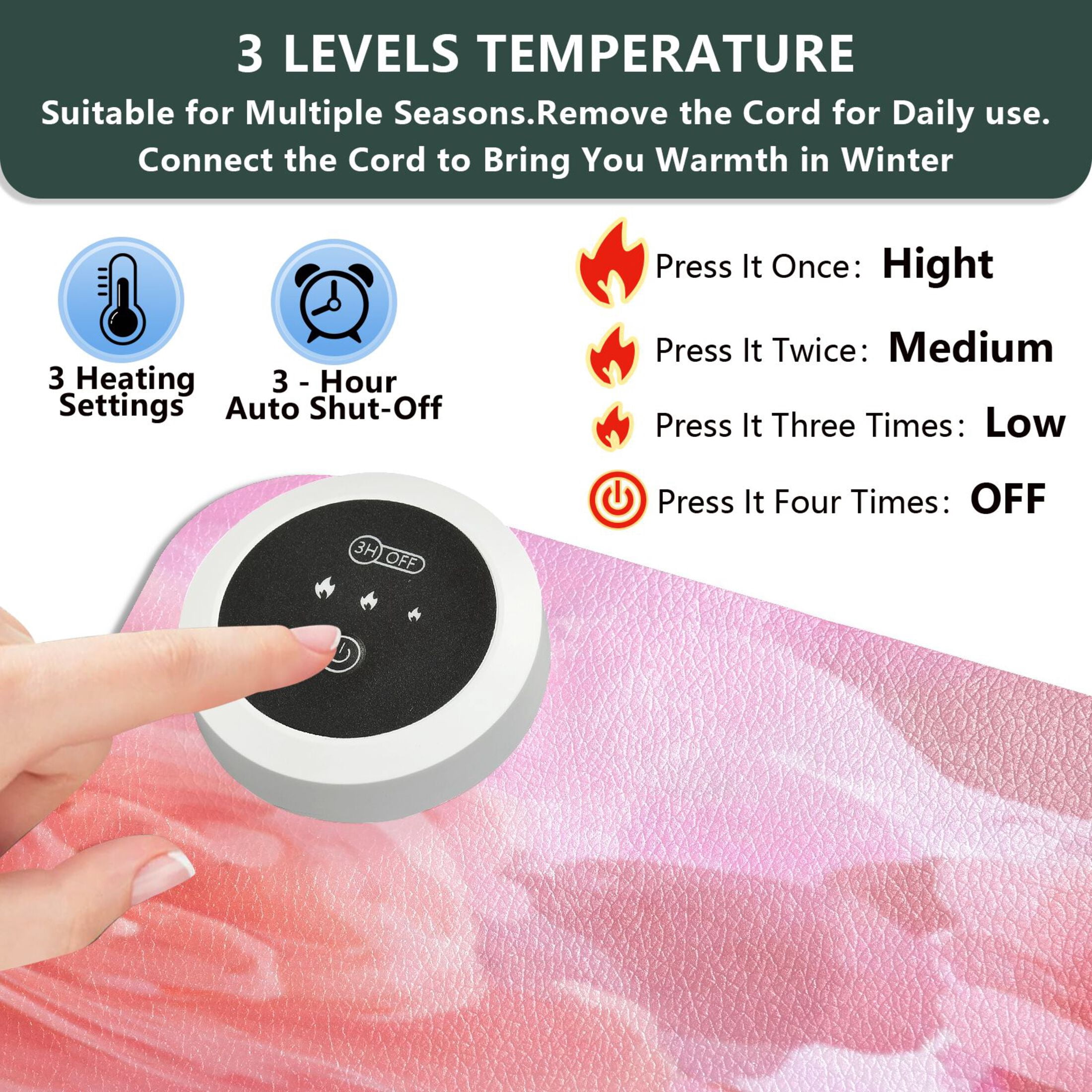 Large Heated Desk Mat Mouse Pad 31.5"x13"PU Leather Graphene Heating Desk Warmer with 3 Temperature Settings 110V US Plug Non-Slip Warm Pad for Home, Office, and Gaming Pale Pink Roses Pattern