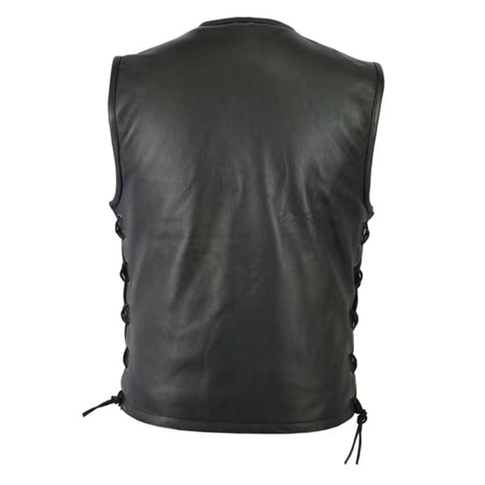 YLSDY Men's Black Cowhide Leather Motorcycle Vest with Side Laces Zipper Front Closure Black L