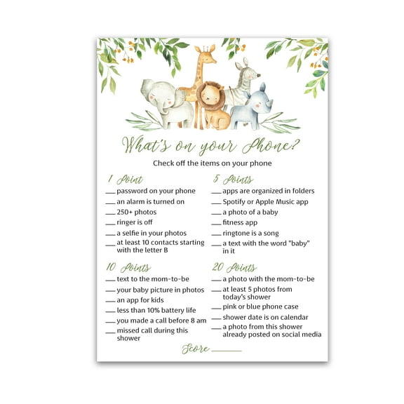 SAFARI ANIMALS Baby Shower Game — WHAT'S ON YOUR PHONE Baby Shower Game — Pack of 25 — Country Rustic JUNGLE THEME Baby Shower Games, Welcome to the Wild Shower Baby Boy Shower Activity G550-PHN