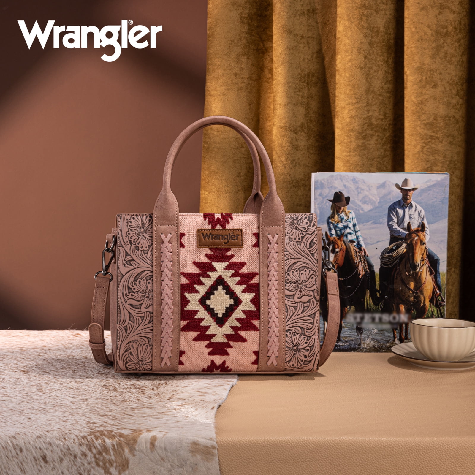 Montana West Wrangler Aztec Tote Bag for Women Western Shoulder Purse Stylish Top Handle Handbag, Dark Pink