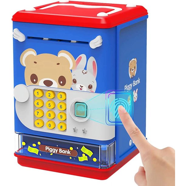 Hucha Electrónica de Juguete - (Versión Recargable Azul) Mini Cajero Automático con PIN Simulado y Desbloqueo de Huellas Dactilares - Caja de Música para Niños, Niños y Niñas de 3 a 8 Años