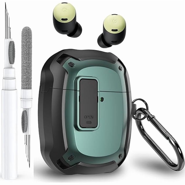 Chenchen for Google Pixel Buds Pro/Pro 2 Case Cover with Lock Clip & Cleaner Pen 2022/2024, Shockproof Protective Hard Shell Skin with Carabiner Men Women - Black/Green