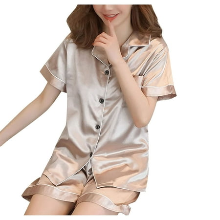 

Pajamas for Women Sets Womens 2 Piece Lounge Set Silk Pajama Solid Short Sleeve Lapel Button Down Blouses Tops and Shorts Loungewear for Women