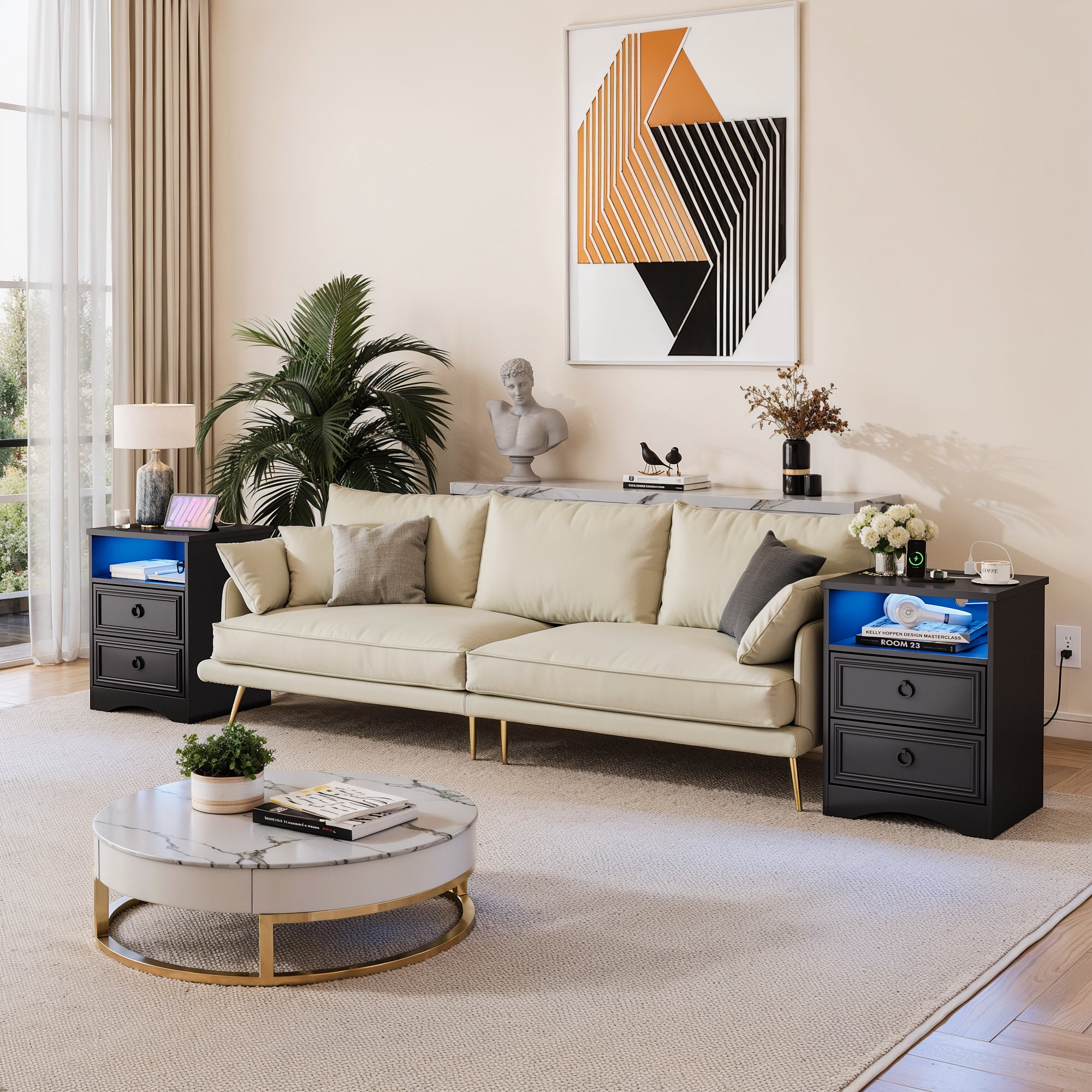 LGHM Nightstands Set of 2 with Charging Station & LED Light, Bedside Table with 2 Drawers for Bedroom, Living Room, Gray