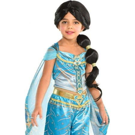 Party City Princess Jasmine Ponytail Wig Halloween Accessory for Children, Aladdin, with Rhinestone-Studded Gold Charms