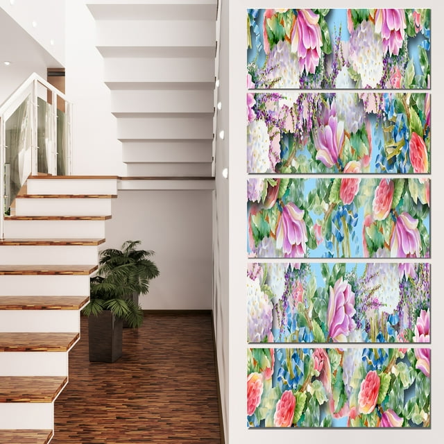 Pink Flower Pattern on Blue - Floral Canvas Art print