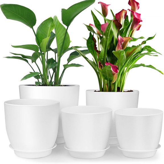 5-Pack Plastic Plant Pots with Drainage Holes and Saucer Trays, 7.5/6.7/6/5/4.1 Inch Flower Pots, Multicolor Planters for Indoor & Outdoor Plants