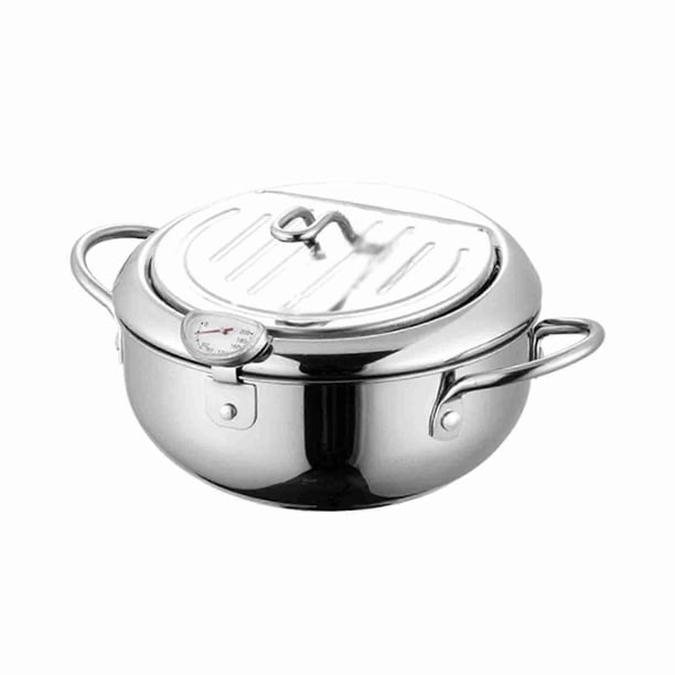 Deep Fryer Pot Japanese Tempura Deep Fryer Stainless Steel Small Frying Pot with Thermometer & Oil Filtration