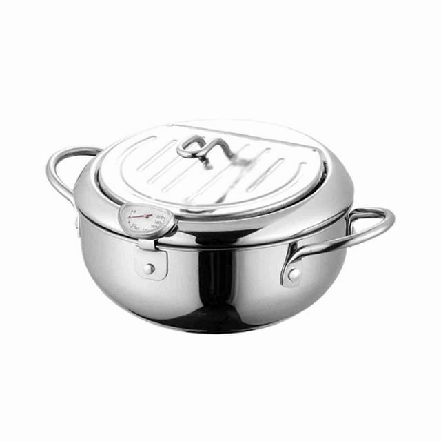 Deep Fryer Pot Japanese Tempura Deep Fryer Stainless Steel Small Frying Pot with Thermometer & Oil Filtration